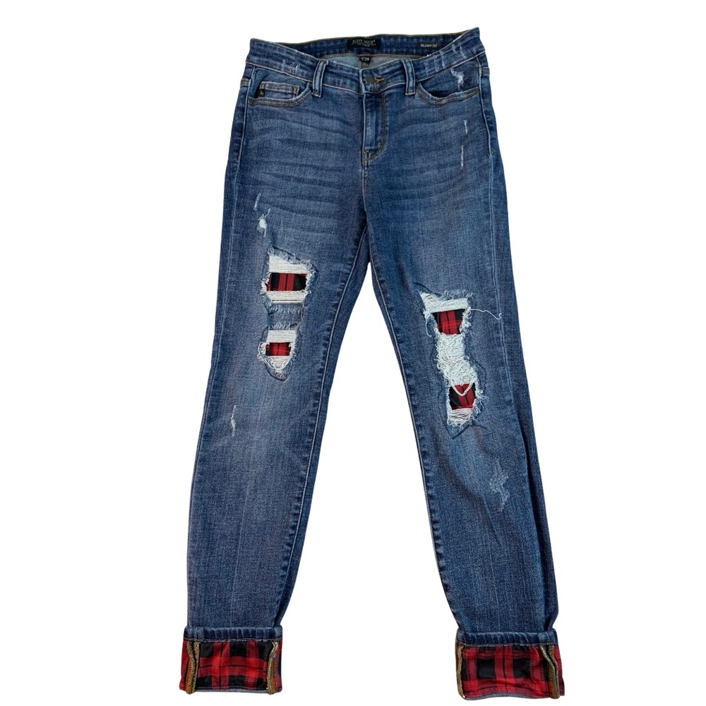 Judy Blue Buffalo Check Plaid Inlay Distressed Jeans Women's 7/28 Grunge Y2K 90s